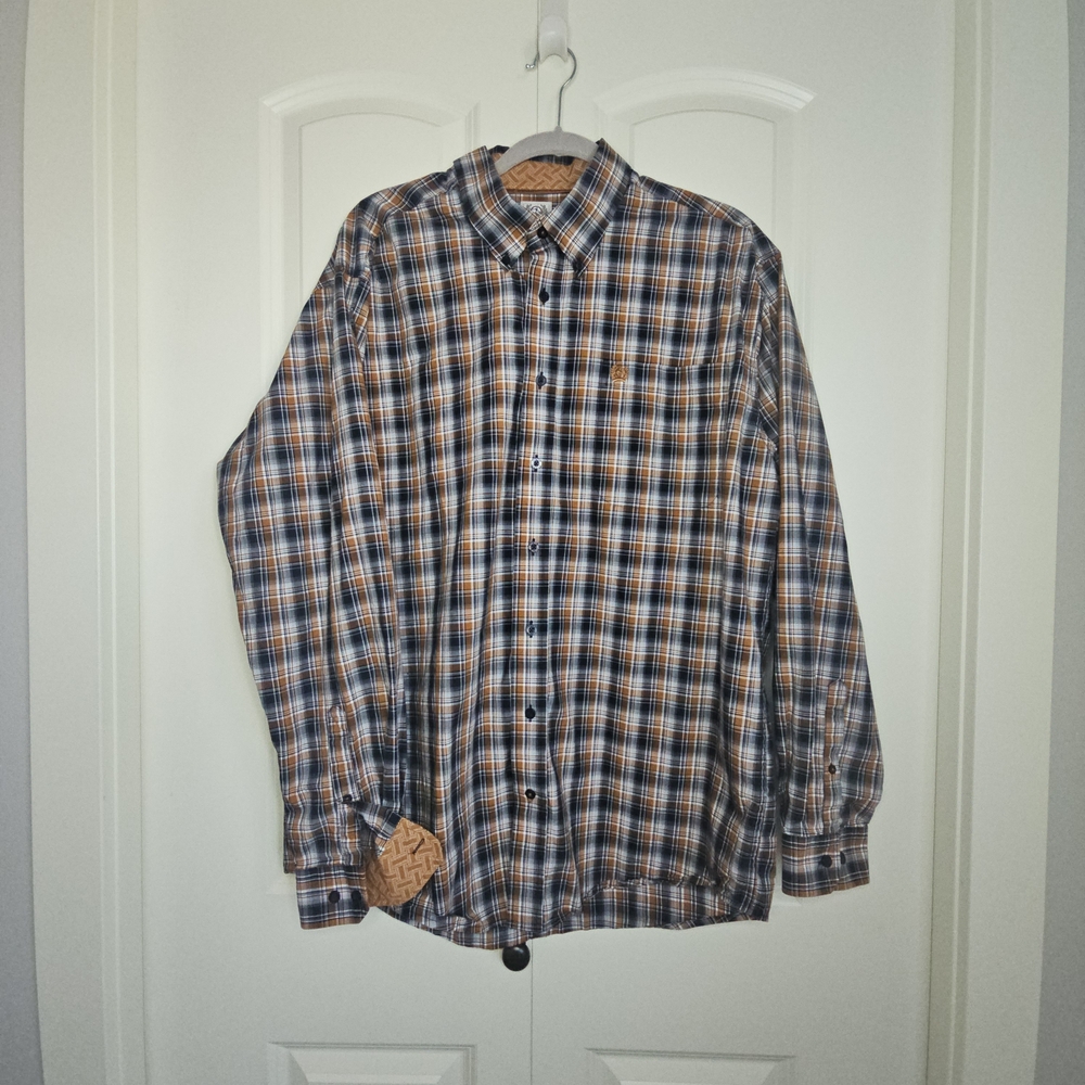 Cinch Men's Long Sleeve Plaid Shirt Navy Orange Cotton Contrasting Cuff SZ M
